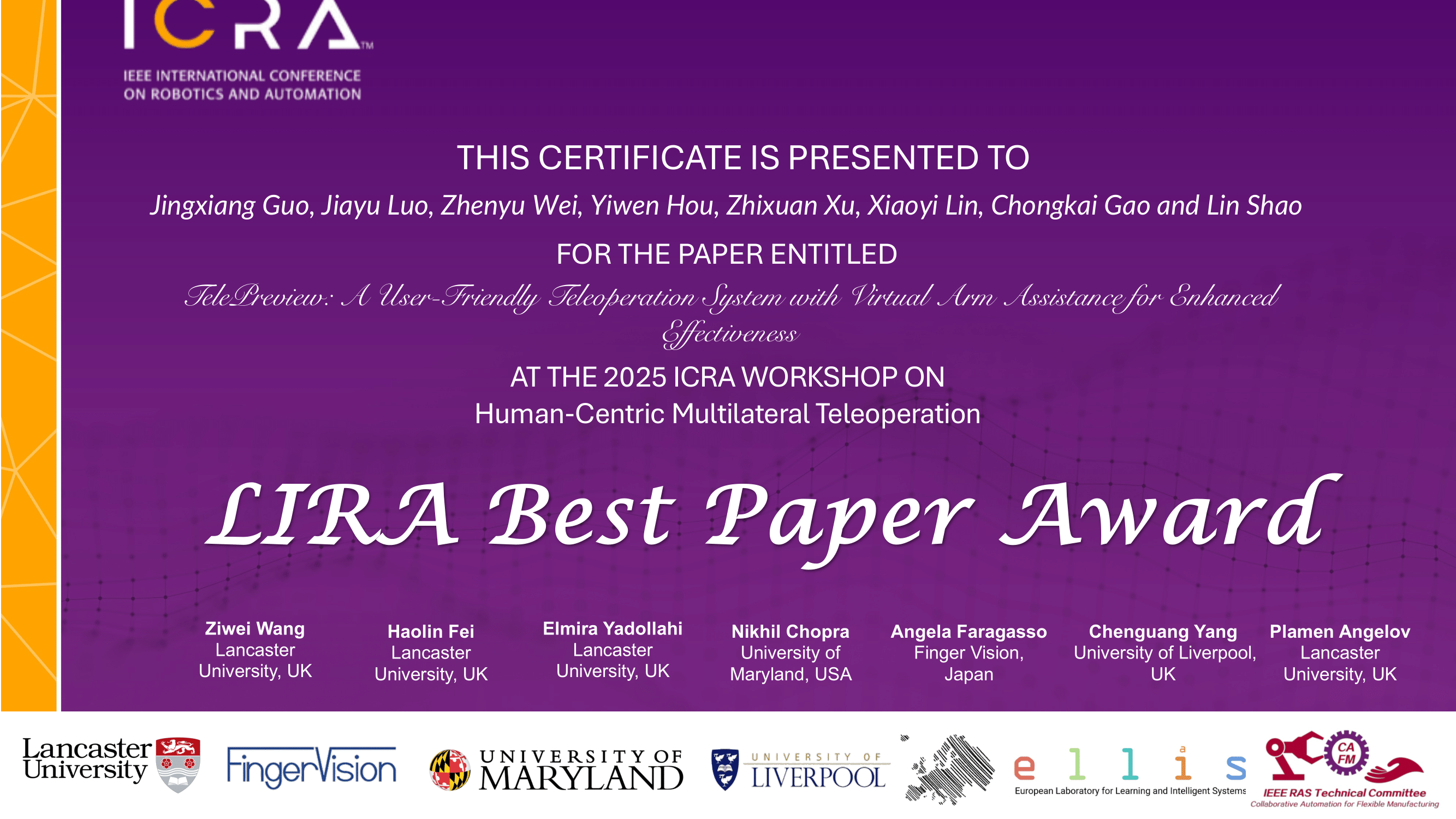 Best Paper Award at ICRA 2025 Human-Centric Multilateral Teleoperation Workshop